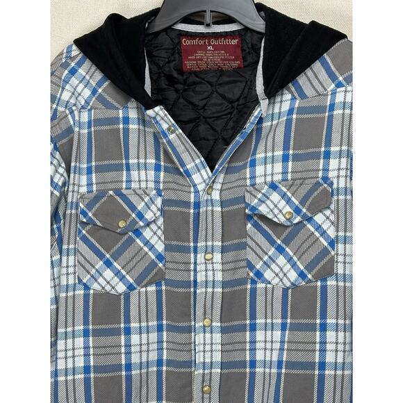Comfort Outfitter Quilted Flannel Jacket Adult XL Blue Gray Plaid Pearl Snap - Picture 2 of 14